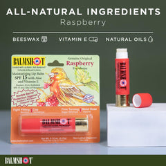 Balmshot Raspberry lip balm with beeswax formula for lasting moisture.