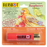 Balmshot Raspberry lip balm in shotgun shell packaging with SPF 15 protection.