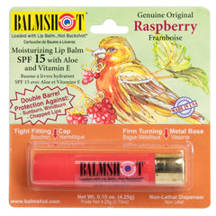 Balmshot Raspberry lip balm in shotgun shell packaging with SPF 15 protection.