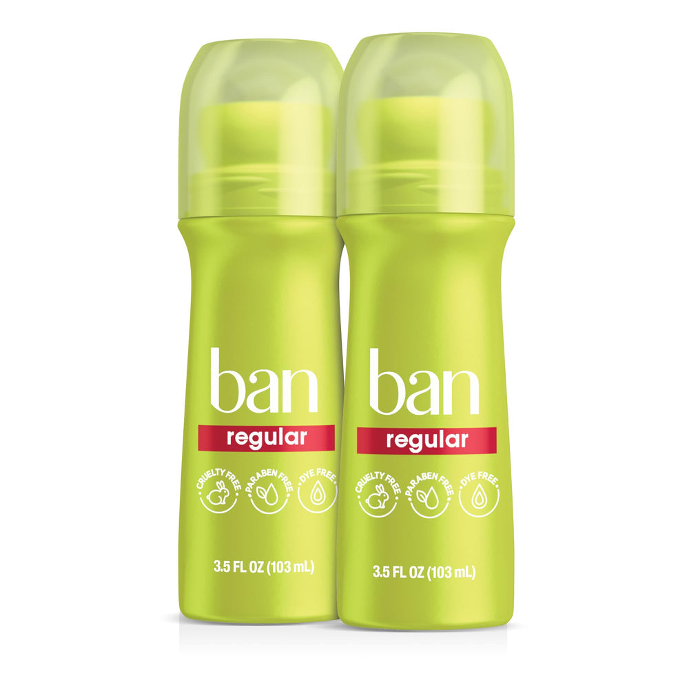 Ban Invisible Roll-On Regular bottle clearly shows invisible protection on skin.