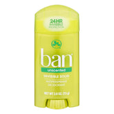 Ban Invisible Solid Unscented deodorant stick on vanity, invisible protection.
