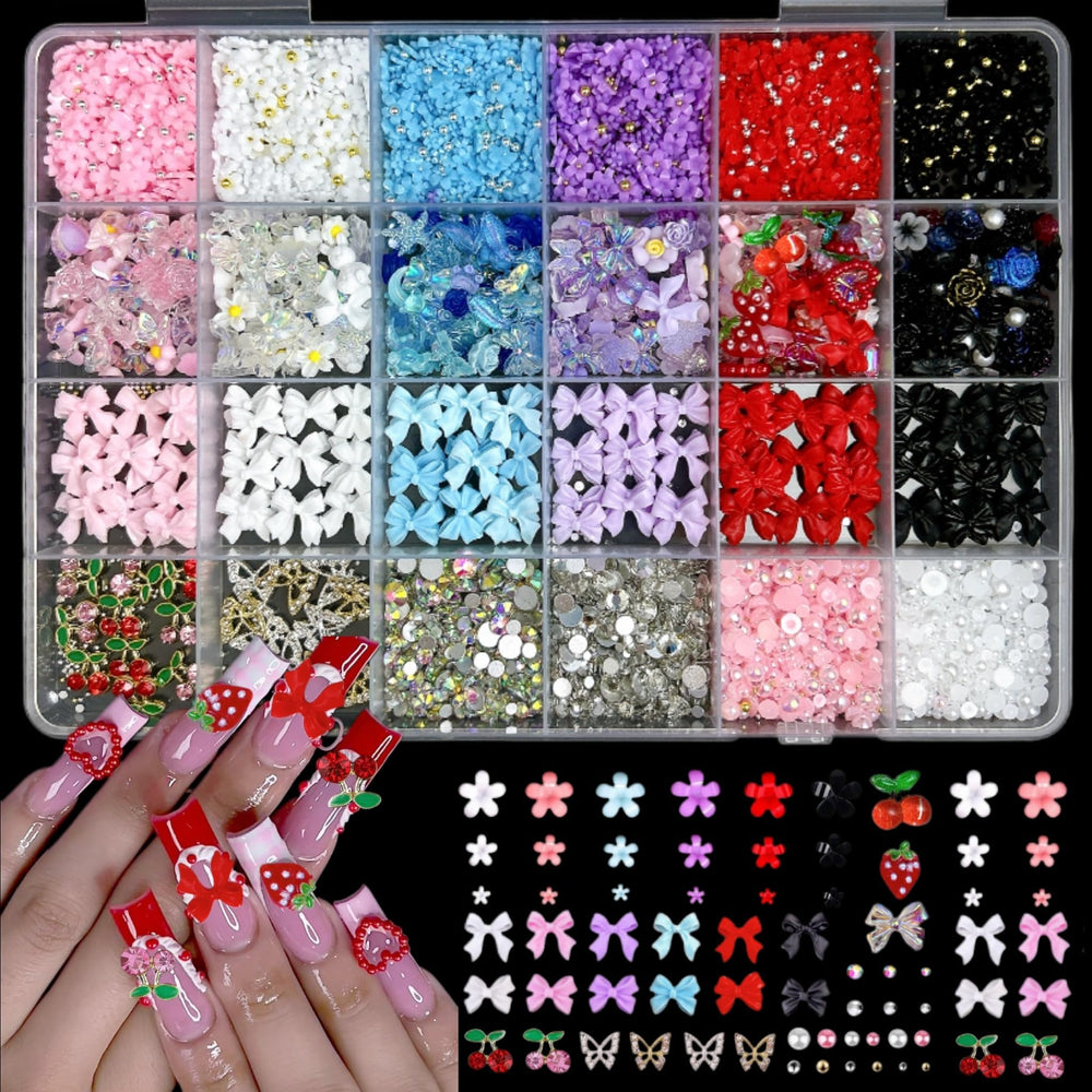 Bana Art 3D nail charms kit with bows and flowers for versatile nail art.