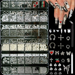 BANA ART Silver Nail Charm Y2K Kit box 1 shows 12 styles of 3D charms for luxe nails