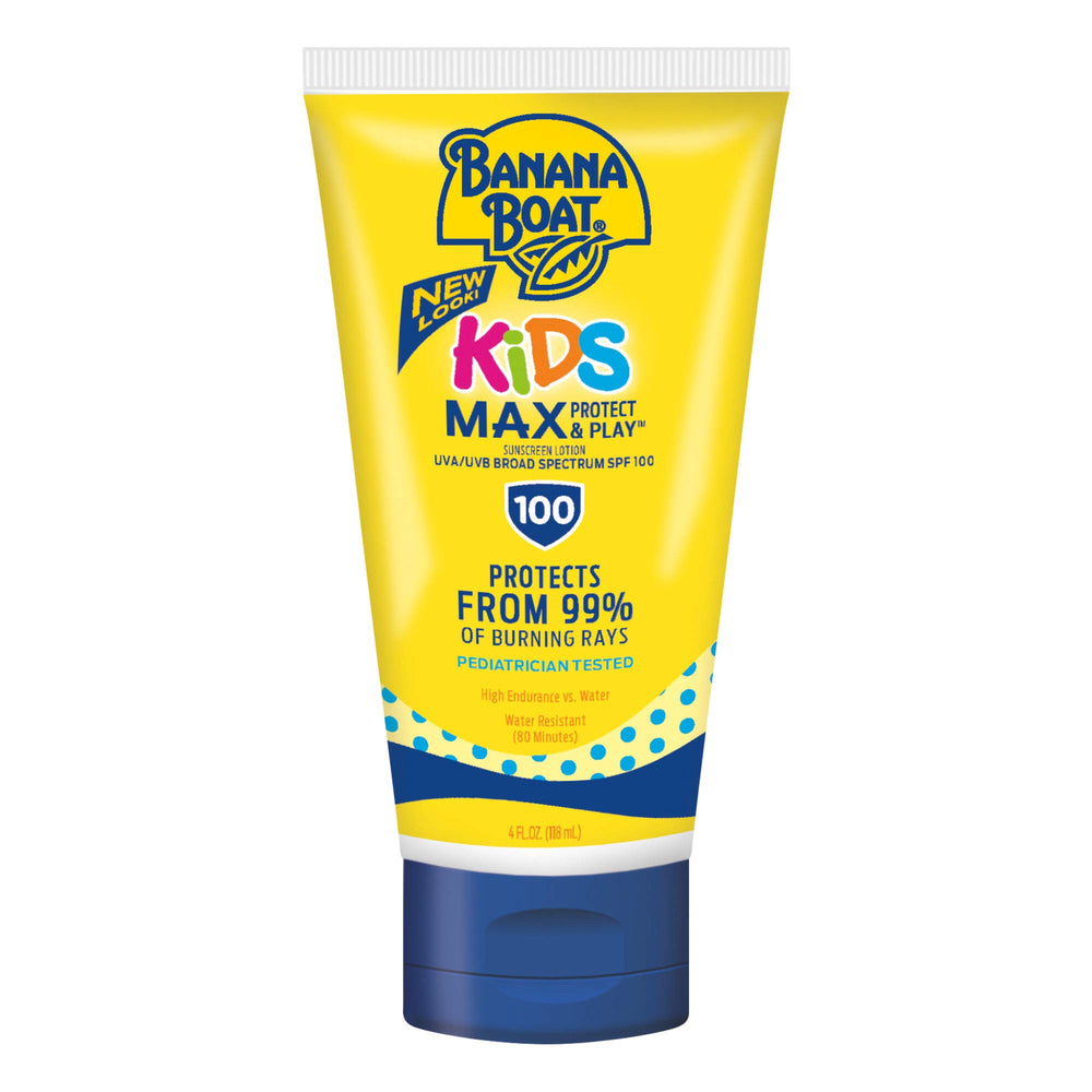 Banana Boat Kids SPF 100 tear-free lotion tube ready for quick reapplication