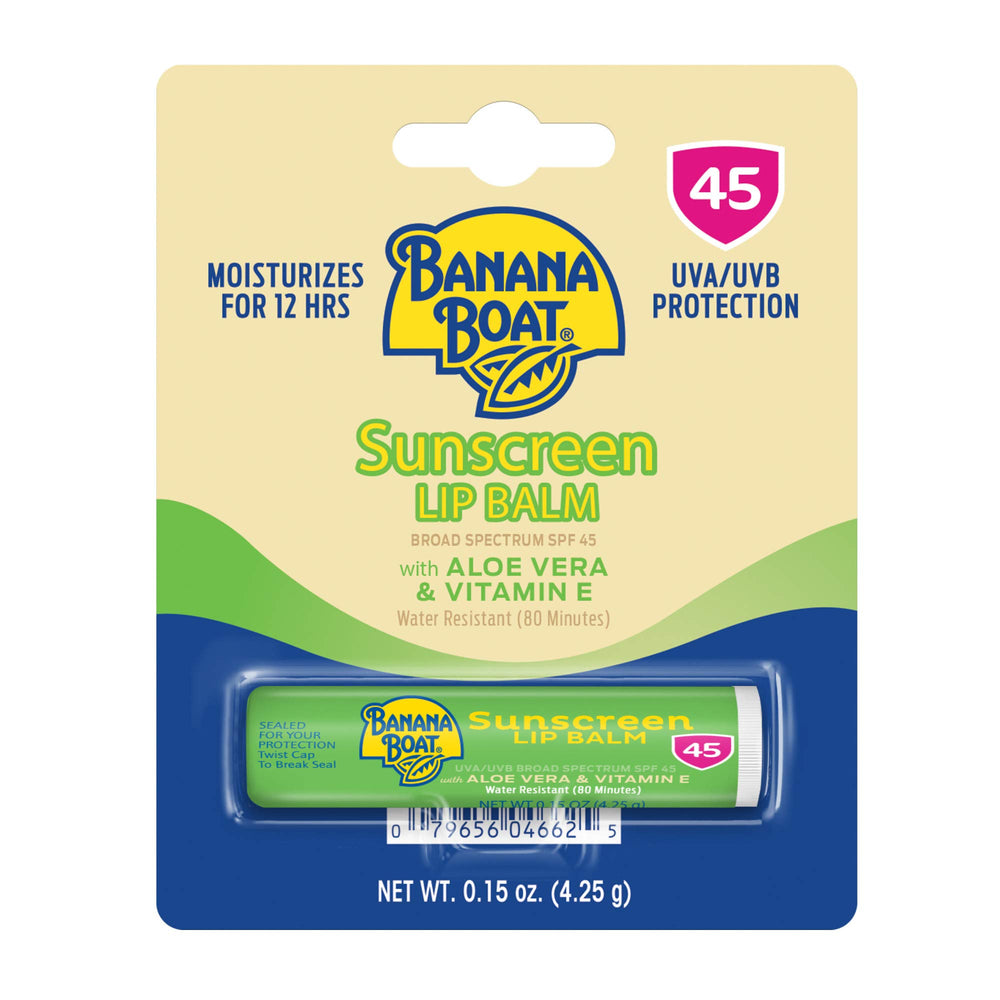 Banana Boat SPF lip balm front view provides portable lip protection.