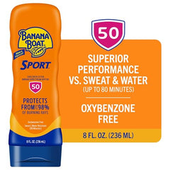 Close-up of Banana Boat Sport Ultra SPF 50 lotion being applied for clear coverage.