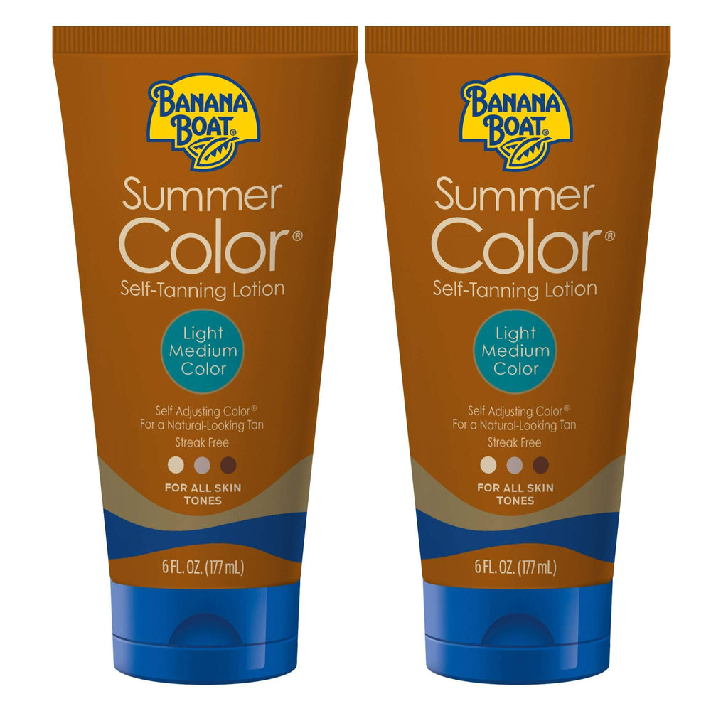 Banana Boat Summer Color self tanning lotion bottle shows gradual tan potential