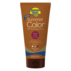 Banana Boat Summer Color Self-Tanning Lotion tube front demonstrates an even tint for all skin tones.