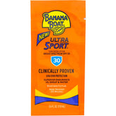 Banana Boat Ultra Sport sunscreen packet showing portable SPF 30 protection for outdoor activities.