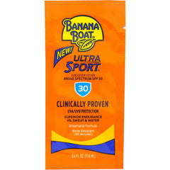 Banana Boat Ultra Sport sunscreen packet showing portable SPF 30 protection for outdoor activities.