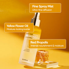 BANILA CO Miss Flower & Mr Honey ampoule mist texture close-up shows light hydration