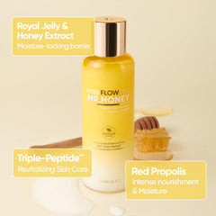 Texture drop from BANILA CO Miss Flower and Mr Honey Propolis Toner on skin—quick absorption and cooling feel.