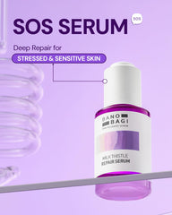 Illustration highlights BANOBAGI Milk Thistle Repair Serum ingredients: milk thistle and burdock root