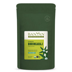 Banyan Botanicals Bhringaraj powder bottle for nourishing hair care routine