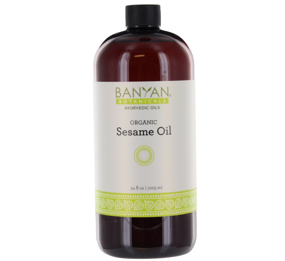 Banyan Botanicals sesame oil bottle for skin care and self-massage benefits.