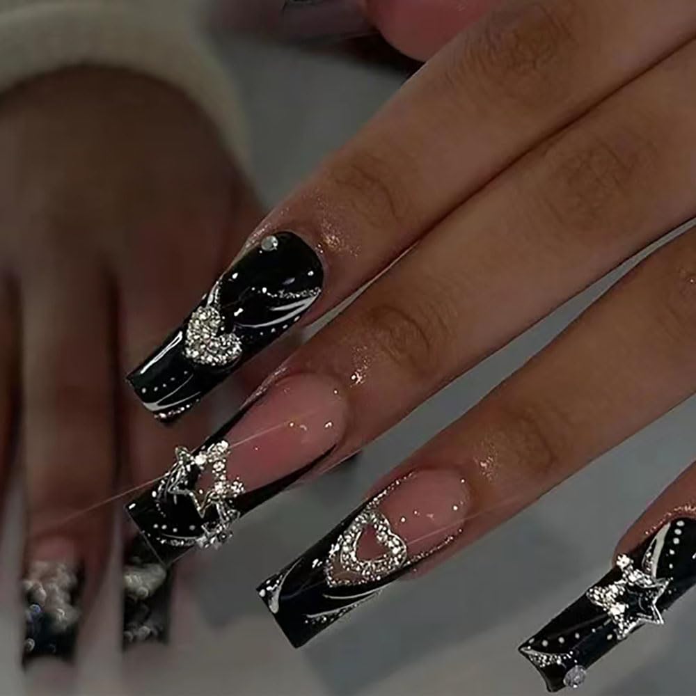 BAOYAALIN black press-on nails with 3D alloy charms for a chic look