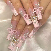 Baoyaalin cute press-on nails in pink long square with 3D rhinestones for wedding glam.