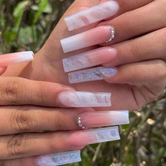 BAOYAALIN ombre pink white press-on nails in long square shape for elegant at-home wear.