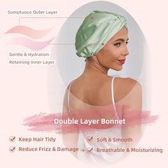 Luxurious Baqzqudnl green bonnet adds royal style while preserving hairstyle.