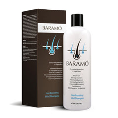 BARAMO Hair Boosting Shampoo bottle close-up highlighting thinning hair support