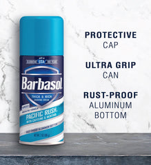 Barbasol Pacific Rush USA-made label signals trusted quality.