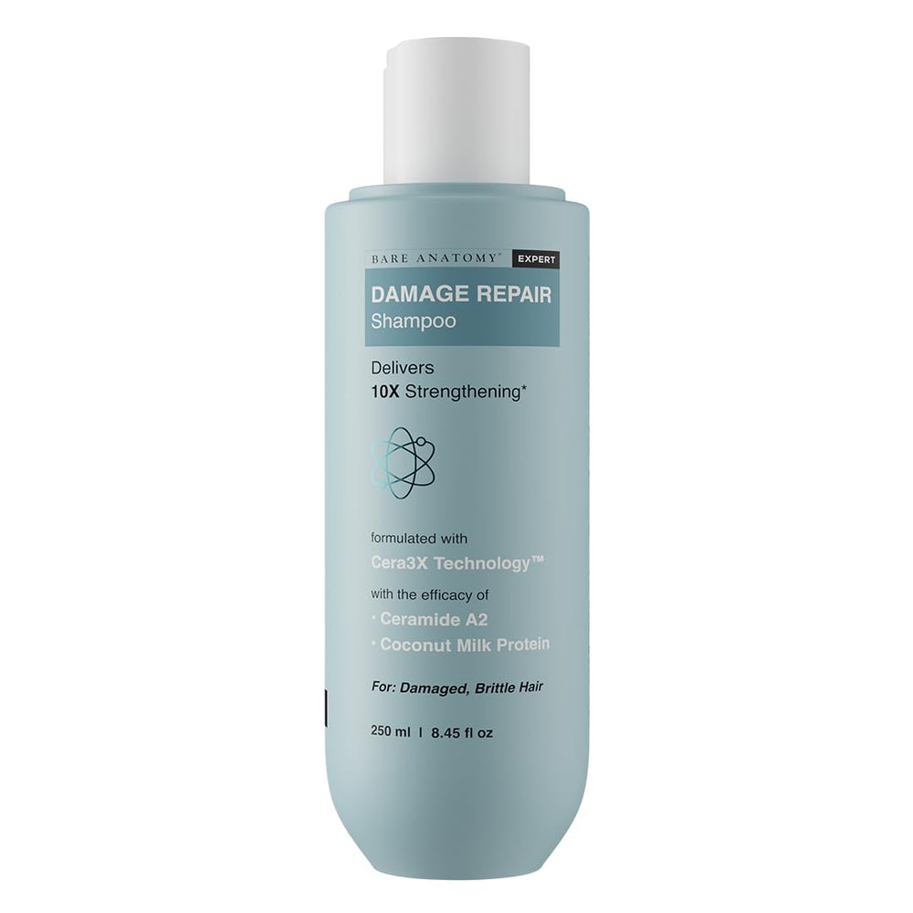 Bare Anatomy Damage Repair Shampoo bottle highlights nourishing formula for all hair types.