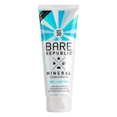 Bare Republic Mineral Gel Sunscreen bottle shows lightweight, sheer protection for daily outdoor wear.