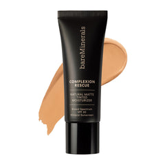 bareMinerals Complexion Rescue bottle closeup; matte tinted moisturizer in Cashew 3.5 for oil control.