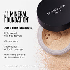 BareMinerals Deluxe Original foundation skin swatch demonstrates sheer to full coverage.