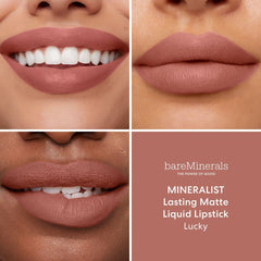 BareMinerals Mineralist swatch on lips highlights rich color payoff and transfer-resistance.