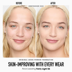 bareMinerals Original Loose Mineral Foundation jar close-up reveals talc-free, radiant finish.