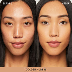 BareMinerals Original Loose Powder Foundation compact packaging on a vanity.