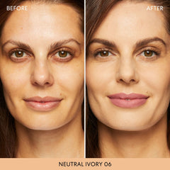 Close-up of BareMinerals 06 Neutral Ivory jar highlighting oil-absorbing matte finish.