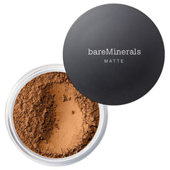 bareMinerals Original Matte Loose Foundation jar closeup shows talc-free formula for smooth wear.