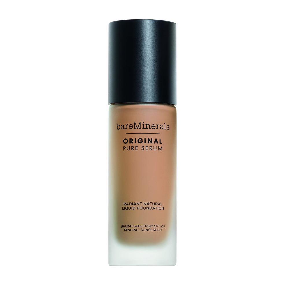 BareMinerals Original Serum Radiant bottle pump shows lightweight, breathable wear with SPF 20.