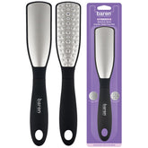 Baren Magic dual-sided foot file in hand, smoothing thick skin with professional-grade stainless steel.