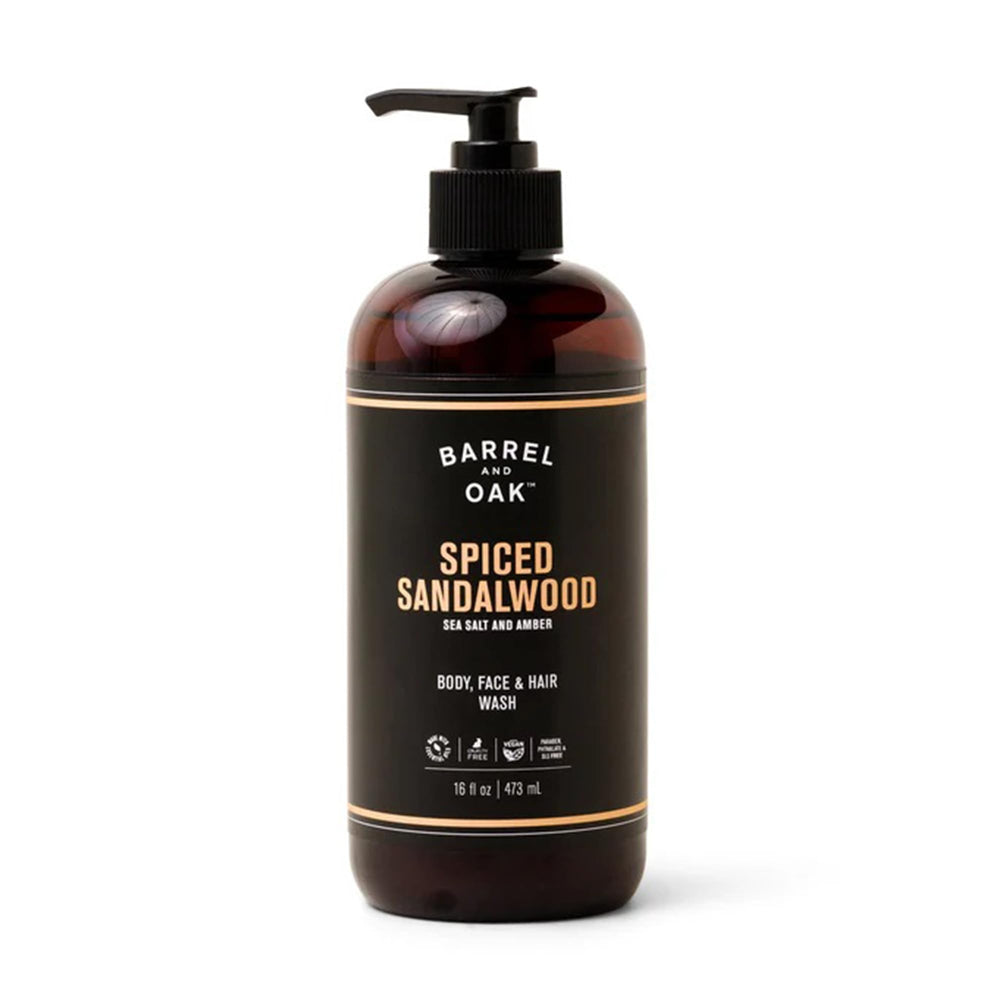 Barrel and Oak all-in-one wash bottle front view with sandalwood amber scent.