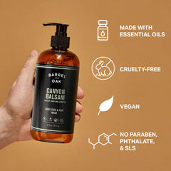 Barrel & Oak all-in-one wash ingredients birch and vitamin B5 for gentle hydration.