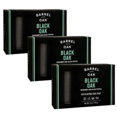 Barrel & Oak Black Oak exfoliating bar soap pack shot highlighting rugged design for men