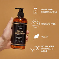 Shower-ready amber bottle with sea salt and sandalwood notes for daily cleanse.