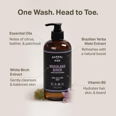 Barrel & Oak Woodland Birch 2-in-1 Shampoo & Conditioner hydrates scalp and hair in one step.