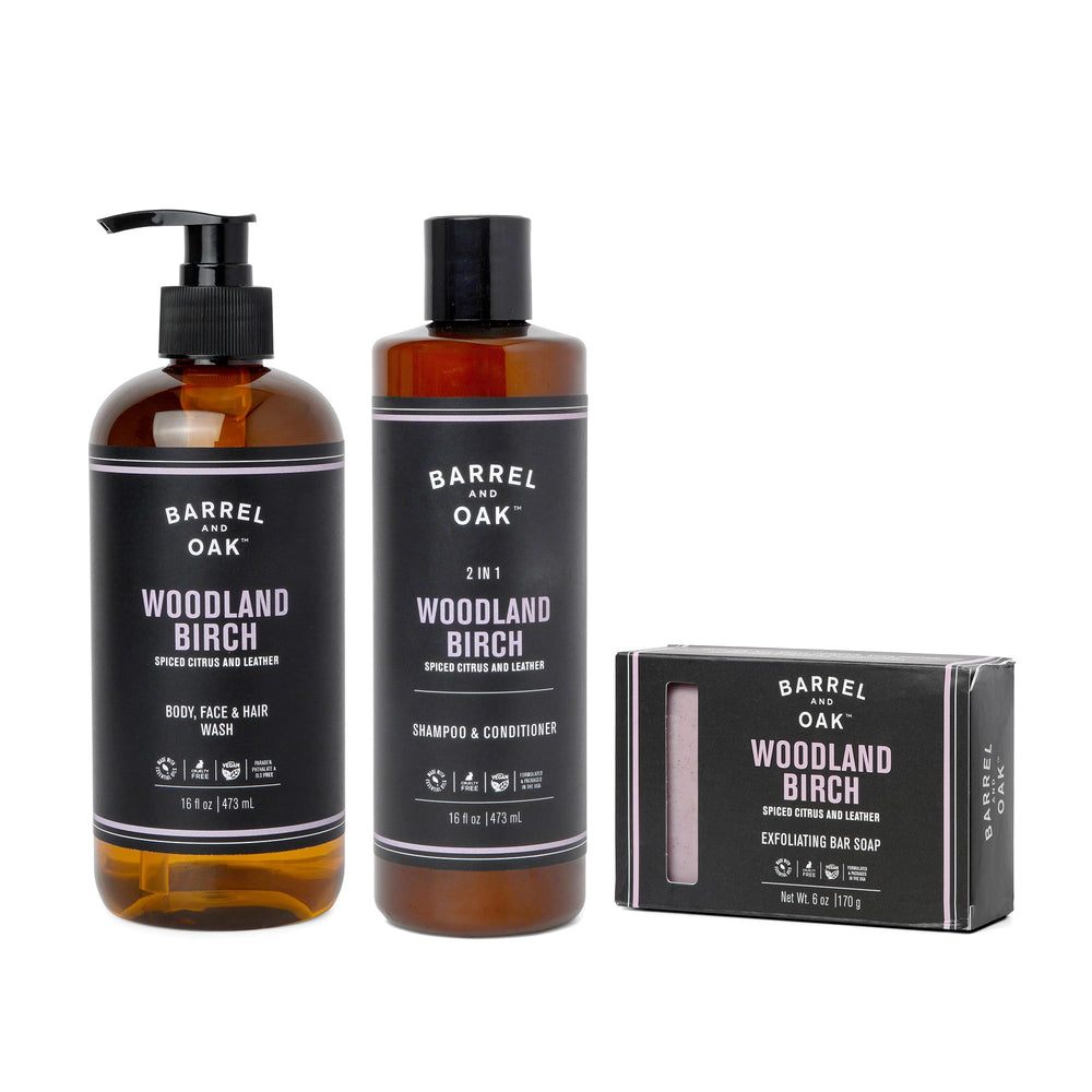 Barrel & Oak Woodland Birch Body Wash bottle cleanses face, hair, and body with a refreshing, non-drying formula.