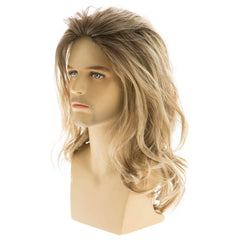 Baruisi wavy blonde wig for men, back view, full-bodied waves and volume.