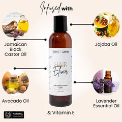 Bask & Lather Elixir applied on damp hair aids moisture retention