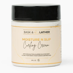 BASK & LATHER Moisture n Slip curling cream jar defines curls with shine