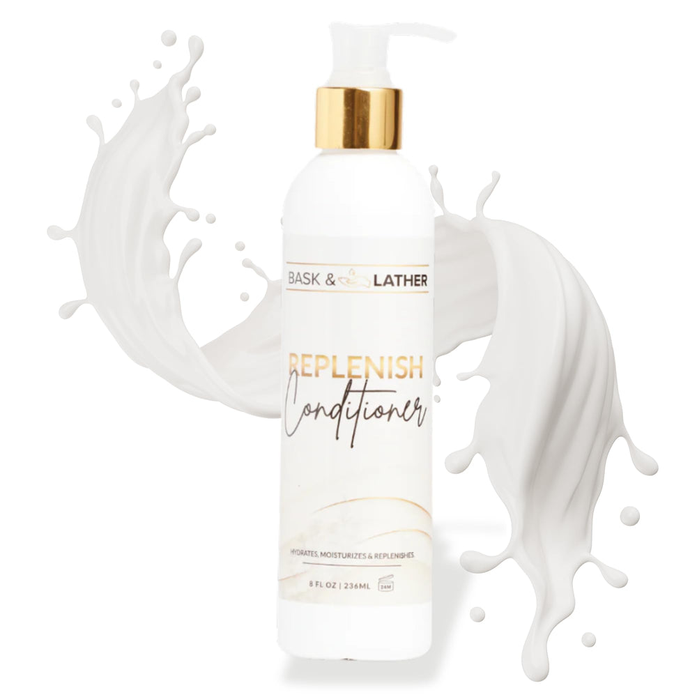 BASK & LATHER Replenish conditioner bottle front view highlighting deep hydration.