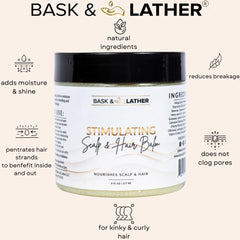 Bask & Lather Stimulating Scalp Balm application, smooths strands and hydrates
