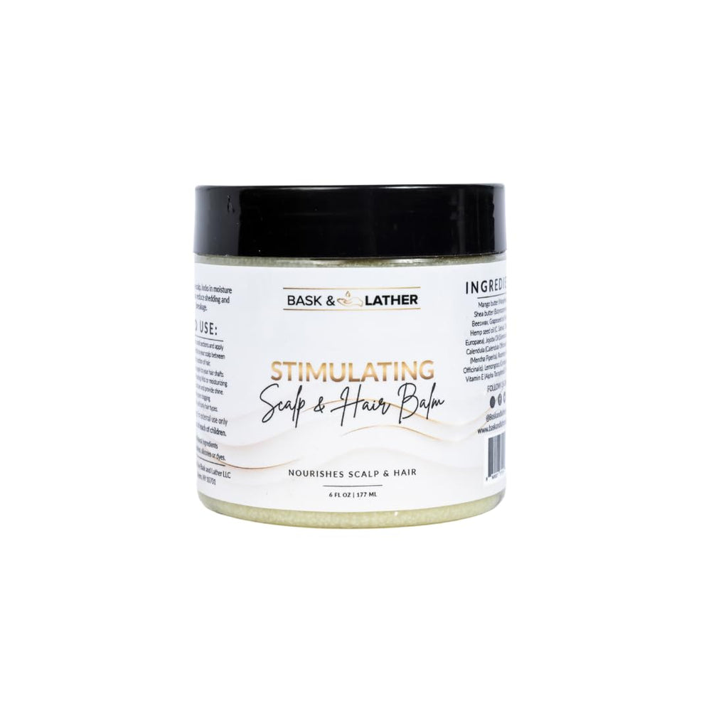 Bask & Lather Stimulating Scalp Balm jar, rich texture for scalp nourishment