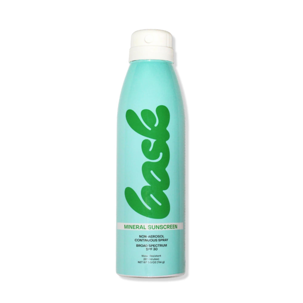 Bask Suncare SPF 30 mineral spray bottle delivering fragrance-free sun protection for all-day coverage.