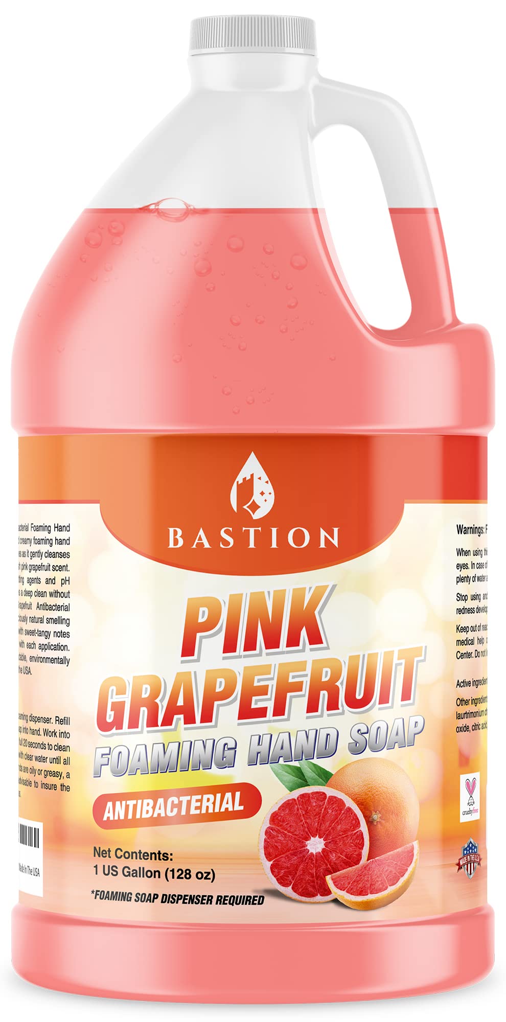 Bastion Pink Grapefruit foaming hand soap refill in a 1-gallon bottle for bulk convenience and easy stocking.